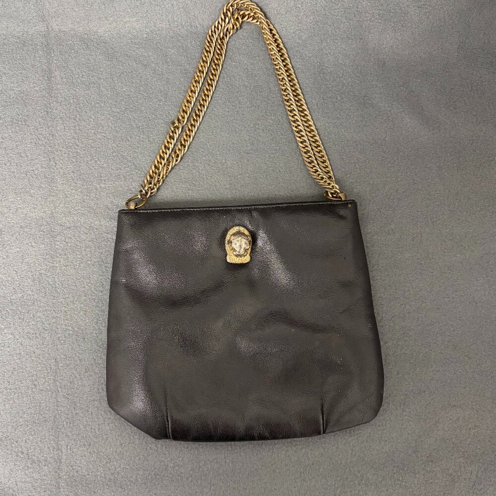 Vintage Ruth Saltz Purse Handbag Cougar Head Black Leather Double Chain Strap